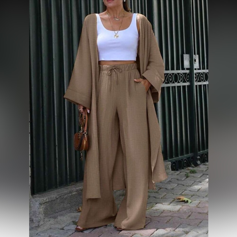 Elegant Tan Women's Pants & Kimono Set